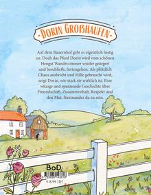 Logo "Dorin Großhaufen". Text über ein Pferd Dorin, Chaos, Freundschaft. Illustration eines Bauernhofs mit Zaun und Blumen.