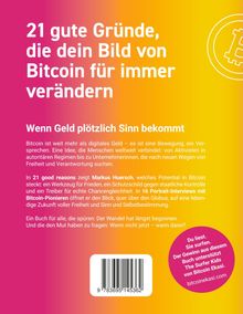 "21 gute Gründe, die dein Bild von Bitcoin für immer verändern" auf pink-gelbem Hintergrund. Text zu Bitcoin und Autor.