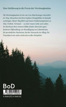 Text über Wertimagination, Naturbild mit Bergen und Bäumen bei Dämmerung.