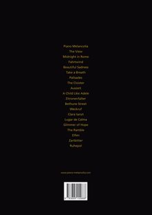 Liste von Titeln in Gelb auf Schwarz, darunter steht „www.piano-melancolia.com“ und ein Barcode unten.