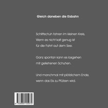 "Gleich daneben die Eisbahn" steht oben. Darunter ein Gedicht über Schlittschuhlaufen, spontanes Starten und schmelzendes Eis.