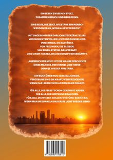 Ein Text über Mut, Verletzlichkeit und Neubeginn. Hintergrund: Skyline vor Sonnenaufgang, warme Farben, Barcode unten.