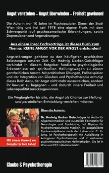 Text: "Angst verstehen – Angst überwinden – Freiheit gewinnen! ... Über die Autorin: Dr. Hedwig Uecker Geischläger ..."

Beschreibung: Ein Buchumschlag mit informativem Text über Angstbewältigung und die Autorin, inklusive Bild von zwei Personen.