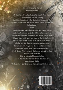 Ein Text über Verlust, eine innere Stimme namens Vareth, Magie und Rettung. Dunkler, mystischer Hintergrund mit Blättern.