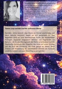 Texte beschreiben das Buch „Tamira Loop und das Lied der verlorenen Sterne“ und die Autorin Jacqueline Lehner. Ein galaktischer Hintergrund mit leuchtenden Sternen und einem Porträt oben links.