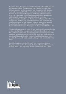 Text beschreibt Swami Vivekananda, seinen Einfluss auf den Ramakrishna-Orden und die Bedeutung seiner Biografie. Preisangabe: €24.99.