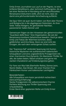 Text auf dunkelgrünem Hintergrund beschreibt einen Thriller über Emily Ermer, die eine Verschwörung aufdeckt. Enthält einen Barcode.