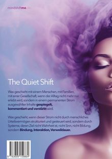 Oben "mindshiftme.de", Titel "The Quiet Shift", Text spricht über reflektierte Inhalte. Rechts Gesicht einer Frau vor violettem Rauch.