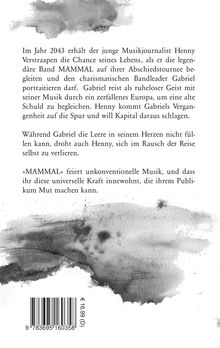 Text über Henny Verstraapen, der 2043 die Band MAMMAL auf Tour begleitet. Wasserfarben-ähnliche Illustrationen schmücken den Hintergrund.