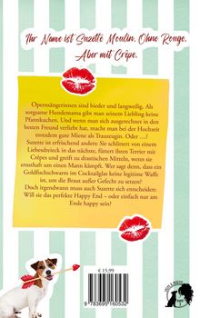 Oben: "Ihr Name ist Suzette Moulin. Ohne Rouge. Aber mit Crêpe."  
Illustration: Hund mit Pfeil, Kussmund.