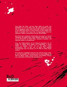 Text über "Anne", ihre positive Ausstrahlung, Fantasie und Suche nach Wahrheit. Logo "BoD". Roter Hintergrund mit schwarzen und weißen Spritzern.