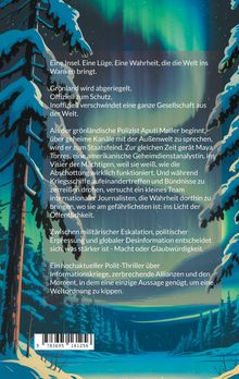 Text im Vordergrund vor Polarlichtern und verschneiten Bäumen: Polit-Thriller über Informationskriege und globale Spannungen.