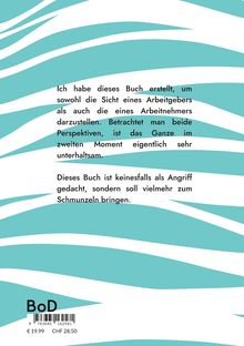 Text beschreibt ein Buch über Arbeitgeber- und Arbeitnehmerperspektiven, humorvoll gedacht. Hintergrund: türkis-weiß gestreift.