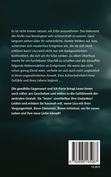 Text über mysteriöse Ereignisse, die Ärztin Lisa konfrontieren, und emotionale Kämpfe. Dunkler bewölkter Hintergrund.
