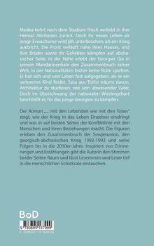 Rückseite eines Buches mit Text über Medeas Rückkehr nach Abchasien, Kriegseinbruch, persönliche Schicksale und Kriegsfolgen. Unten "BoD".