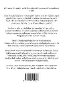 Text über Erfahrungen mit Kinderwunsch, Kontrollverlust und Vertrauen. Für Frauen mit Zyklusproblemen. ISBN-Barcode unten.
