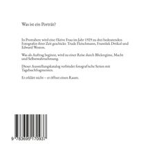 "Was ist ein Porträt?" Ein Text beschreibt eine fiktive Reise einer Frau im Jahr 1929 zu Fotografen. Ein Barcode ist abgebildet.