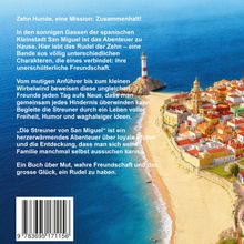 Text: "Zehn Hunde, eine Mission: Zusammenhalt!" Küstenlandschaft, blaues Meer, ein Leuchtturm und eine bunte, mediterrane Stadt.