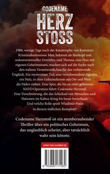 Text: "CODENAME HERZSTOSS" und Beschreibung eines Thrillers. Hintergrund zeigt dramatische Wolken und ein Flugzeug.