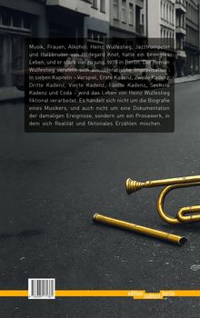 Ein Textblock beschreibt das bewegte Leben von Heinz Wulfestieg; eine zerlegte Trompete liegt auf grauem Asphalt.
