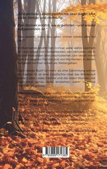 Texte: "Eine ehrliche Lebensgeschichte über Angst, Mut..."  
Hintergrund: Wald im Herbst mit Bäumen und Laub.