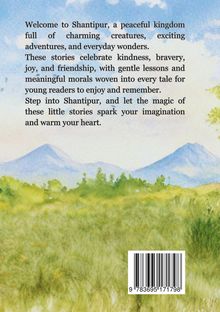 Text über Shantipur, ein friedliches Königreich. Aquarelllandschaft mit grünen Feldern und fernen blauen Bergen.