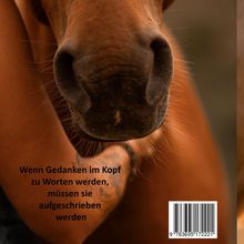 Text: „Wenn Gedanken im Kopf zu Worten werden, müssen sie aufgeschrieben werden.“ Große Pferdenase im Vordergrund.