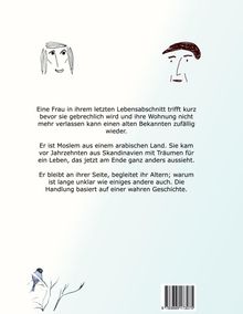 Text beschreibt eine Frau im Lebensabschnitt, trifft alten Bekannten. Zwei einfache Gesichtsskizzen und eine kleine Vogelillustration.