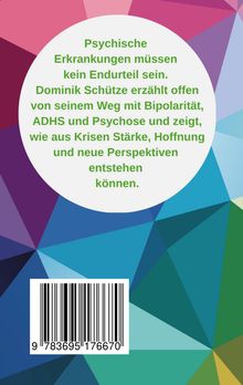 Ein weißer Kreis enthält grünen Text über mentale Gesundheit. Hintergrund aus bunten geometrischen Formen. Unten ein Barcode.