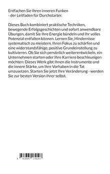 Text über Selbstentwicklung und Motivation. Ein Buch beschreibt Techniken zur Zielerreichung. Unten ein Barcode.
