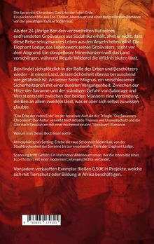 Ein Buchcover mit rotem Hintergrund. Text: Beschreibung eines Eco-Thrillers in Südafrika, Charaktere Ben und Magnus.