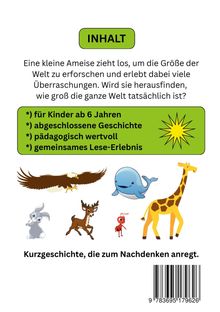 Text: "INHALT", "Eine kleine Ameise zieht los, um die Größe der Welt zu erforschen...". Darunter Tierillustrationen: Adler, Wal, Hase, Reh, Ameise, Giraffe.
