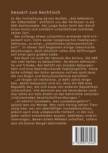 Text: „Dessert zum Nachtisch“. Beschreibung eines Buches zur DDR-Gastronomie und persönlichen Entwicklungen. Barcodes unten.