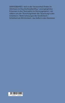 Blauer Hintergrund mit poetischem Text über Verlust und Illusionen. Unten ein Barcode.