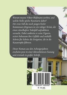 Text beschreibt einen Krimi über Kommissar Jörgensen. Helles Gebäude und Pflanzen im Hintergrund. Barcode unten.