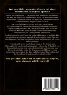 Ein Text beschreibt die Kommunikation und Entwicklung künstlicher Intelligenz und stellt philosophische Fragen dazu.