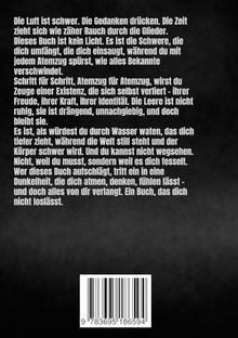 Ein poetischer Text über Schwere und Dunkelheit, gefolgt von einem Barcode auf schwarzem Hintergrund.