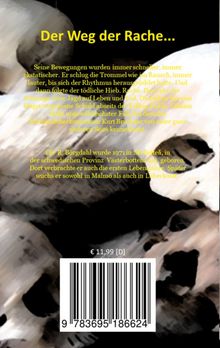 Text über gelbem Totenkopf: "Der Weg der Rache..." beschreibt Vergeltung und Schuld, Buchtitel und Beschreibung. Barcode unten.