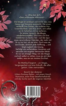 „Was bist du?“ „Dein schlimmster Albtraum!“ Der Text beschreibt die Geschichte von Ava, Magie und Vampiren. Links rote Blätter.