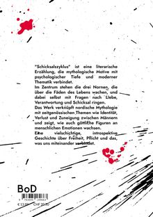 Text beschreibt das Buch "Schicksalszyklus", das mythologische und moderne Themen verbindet. Schwarze und rote Spritzer.