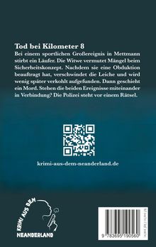 Titel: Tod bei Kilometer 8. Beschreibung eines Mordes bei einem Sportereignis. Website: krimi-aus-dem-neanderland.de. QR-Code.