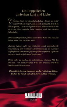 Ein Buchumschlag mit Text über ein Doppelleben zwischen Lust und Liebe, und eine Hommage an die Freiheit. Roter Seidenstoff.