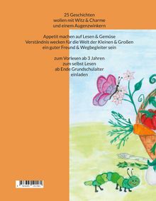 Text über 25 Geschichten voller Witz und Charme. Rechts bunte Illustration mit Raupe, Gemüse und Schmetterling.