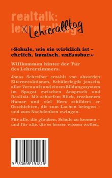 Rückseite eines Buches in Orange, Titel "realtalk: Lehreralltag", Zitat und Beschreibung des Inhalts, inklusive ISBN.