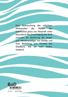 Eine Untersuchung über Jesus von Nazareth und seine religiöse Wirksamkeit. Türkis-weiße Streifen als Hintergrund.