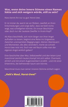 Ein lila Hintergrund mit Text über Klara und ihre innere Stimme „Horst-Uwe“. Unten ein gelber Titel: „Halt’s Maul, Horst-Uwe!“.