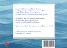 Ein Text beschreibt Begegnungen mit Meerestieren. Hintergrund in Blautönen, rote Qualle, unten ein Barcode.
