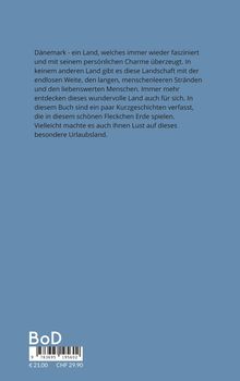 Text über Dänemark, das mit Charme und Landschaft fasziniert. Unten steht 'BoD' und Preisangaben. Hintergrund blau.