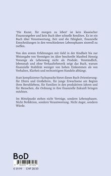 Text über ein Buch, das finanzielle Entscheidungen und Stabilität thematisiert. Unten: Preisangaben und Barcode.