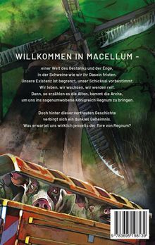 Texte beschreiben eine düstere Welt namens Macellum. Illustration: Schweine in einem Wagen vor einer grünen Windmühle.